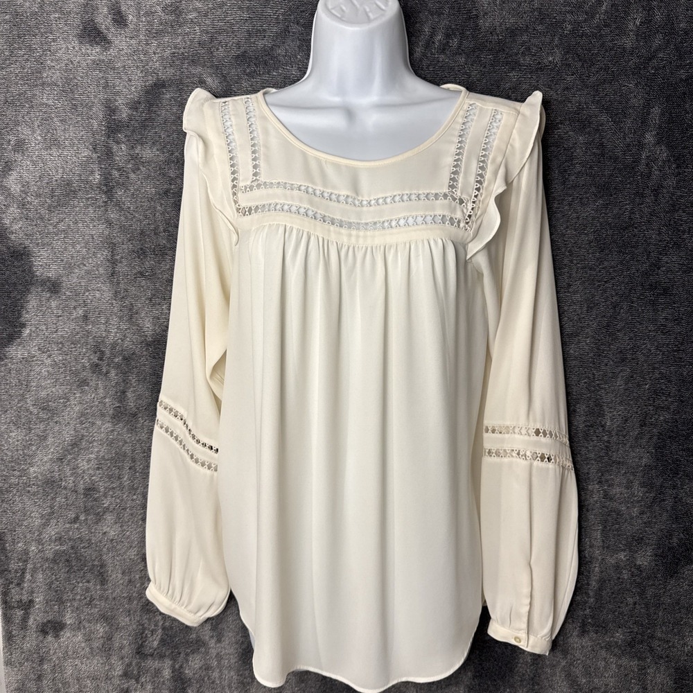 LOFT Blouse Women S Cream Boho Crochet Lace Flutter Sleeve Long Sleeve Top